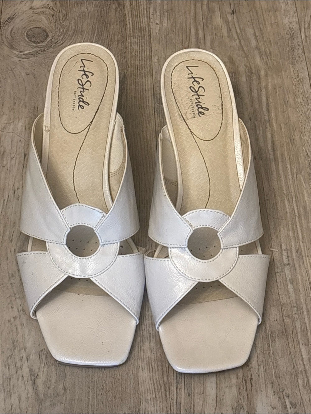 Life Stride White Slide Mules with Circular Cutout